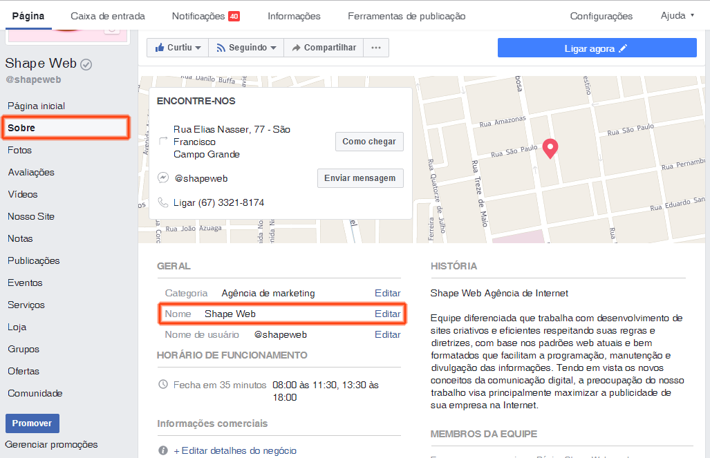 configurações para alterar nome da minha página no Facebook