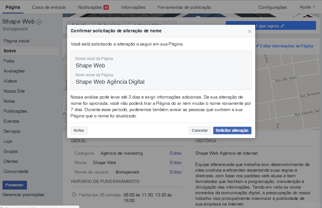 Janela de confirmação de alteração de nome da página no Facebook