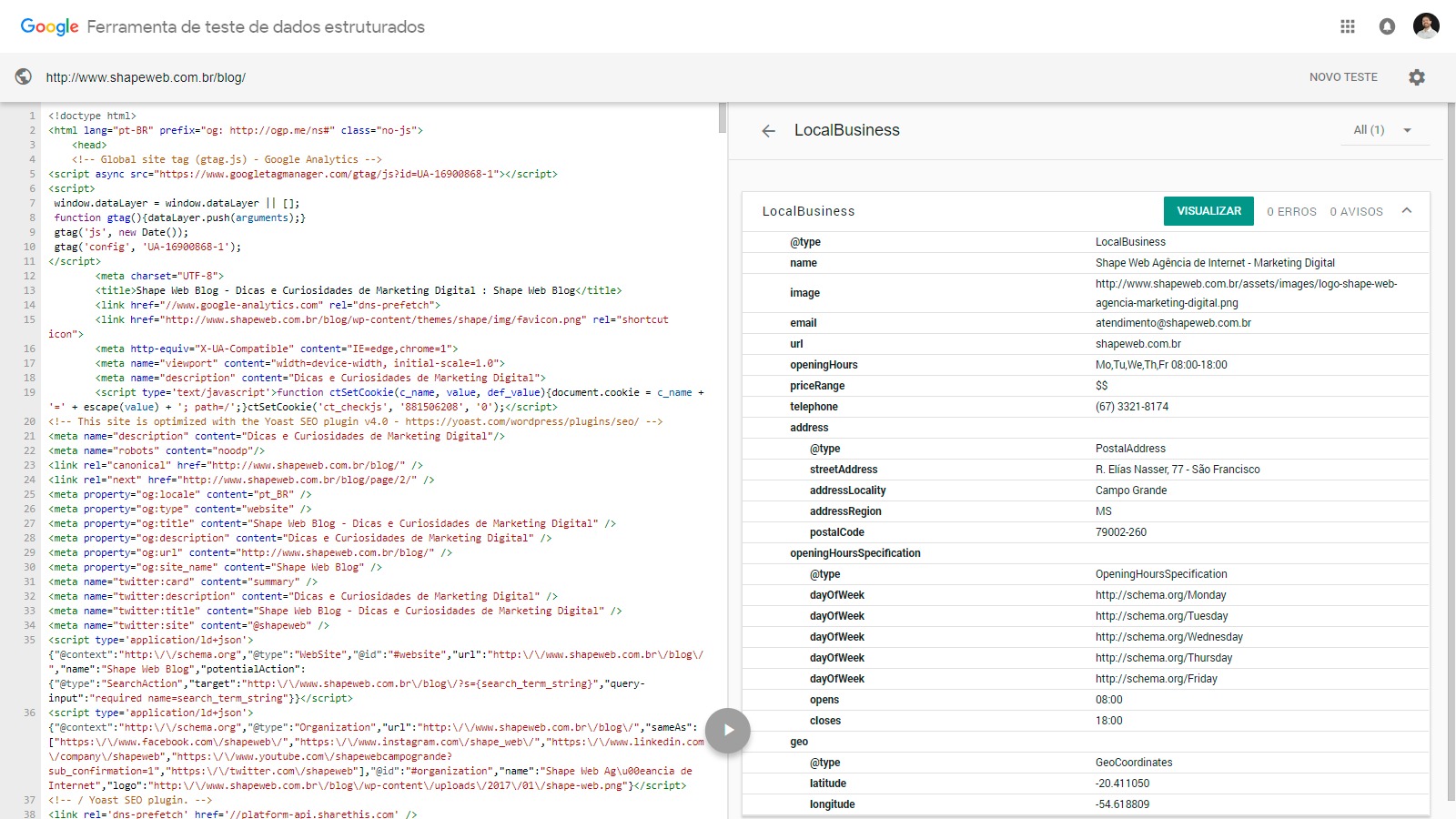 Google SEO Local Business - Teste de dados estruturados