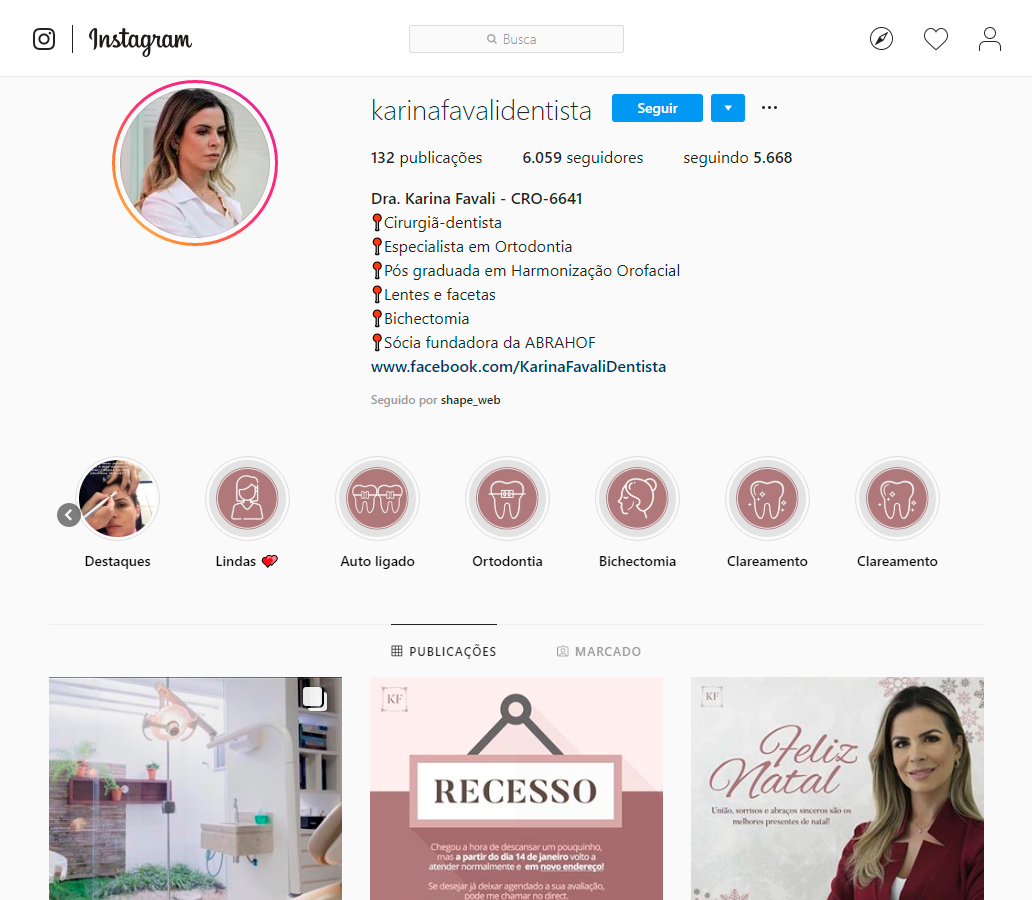 Imagens da página incial do Instagram da Dentista Karina Favali