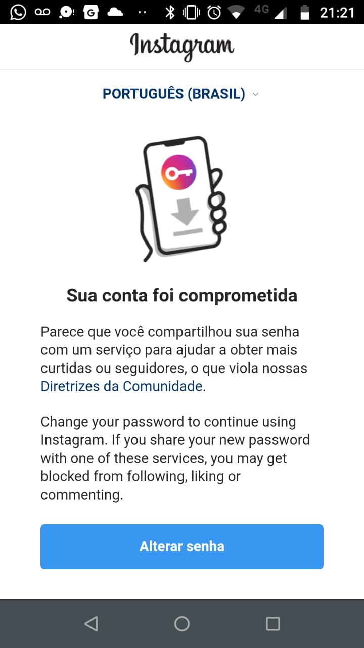 Alerta Instagram: Sua conta foi comprometida 