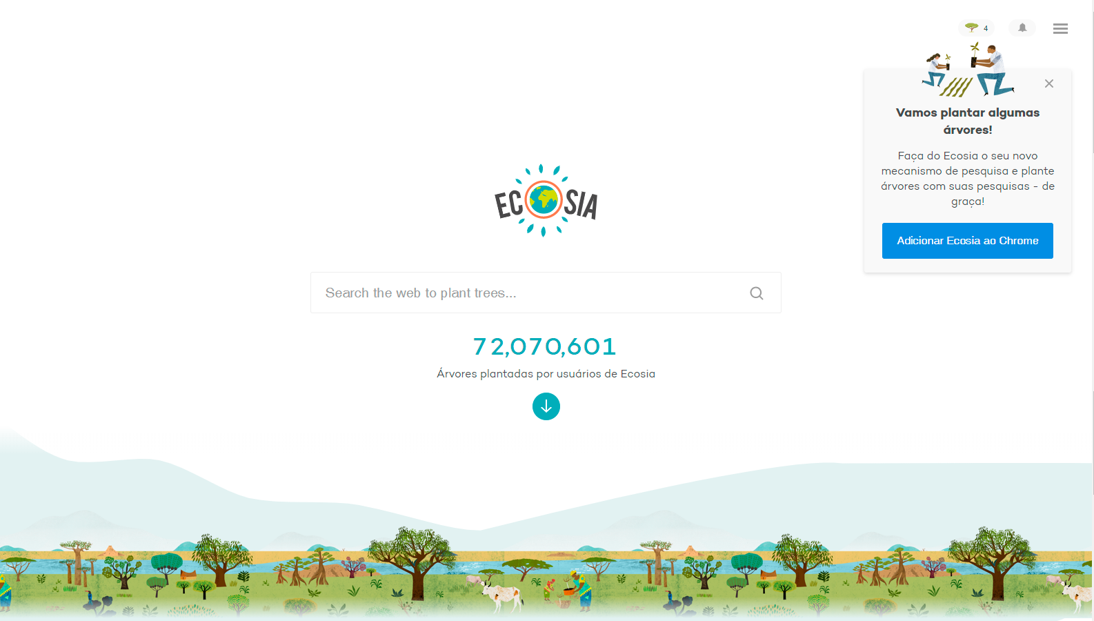 Site Ecosia - Mais de 70 milhões de árvores plantadas