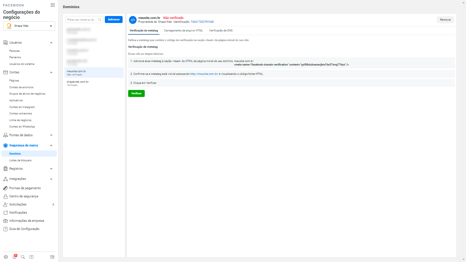Verificação de domínio - Inserindo código do Facebook Business em seu site