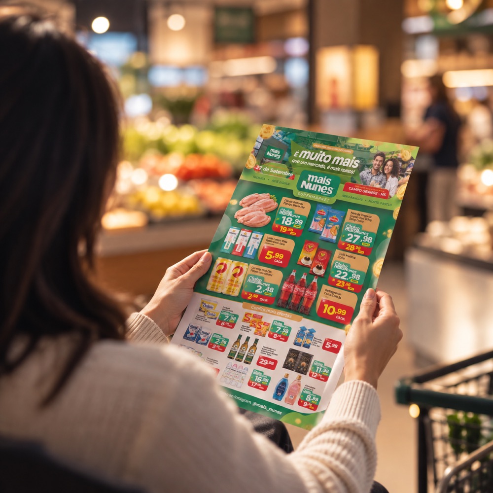 Cliente lendo o encarte de ofertas do supermercado Mais Nunes, em Campo Grande