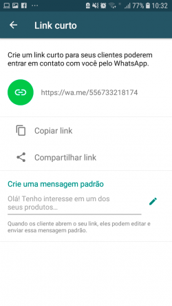 Compartilhamento de Link Curto do Whatsapp Business