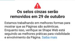 Imagem do Alerta na página do Facebook: Selo de autenticação Facebook cinza será descontinuado em Outubro de 2019